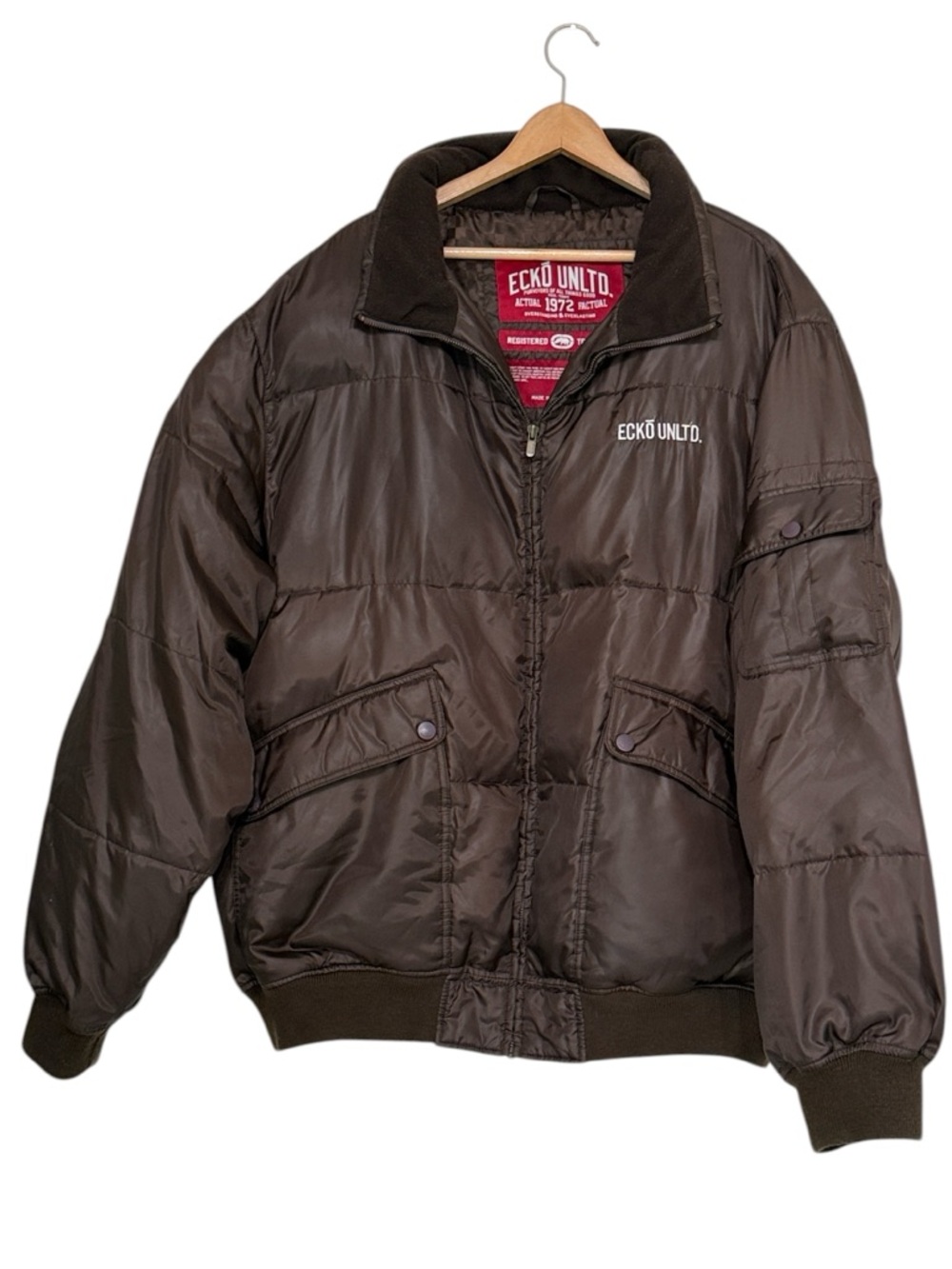 Ecko Unltd XXL Brown Puffer Jacket Y2K Oversized Bomber Streetwear READ